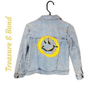 Tresure & Bond Jean Jacket Girls Sz 8-10 Smiley Face Paint Graffiti on the back